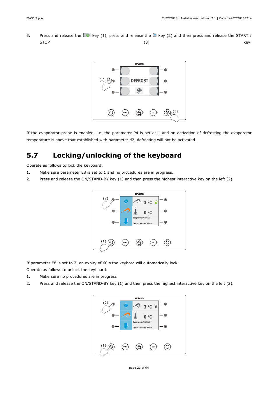7 locking/unlocking of the keyboard | EVCO EVFTFT818P7U Installer manual User Manual | Page 23 / 94