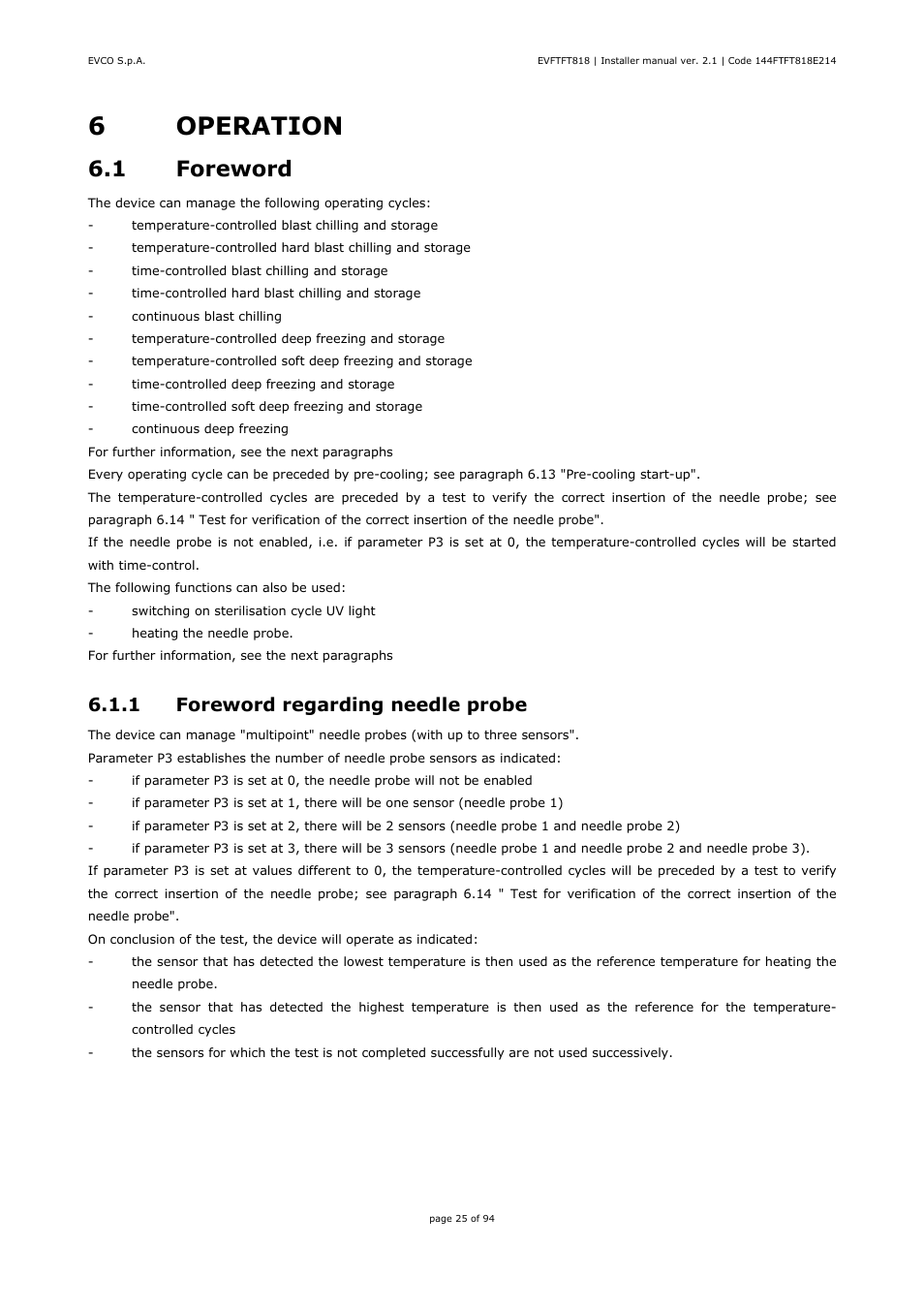 6operation, 1 foreword, 1 foreword regarding needle probe | EVCO EVFTFT818P7U Installer manual User Manual | Page 25 / 94