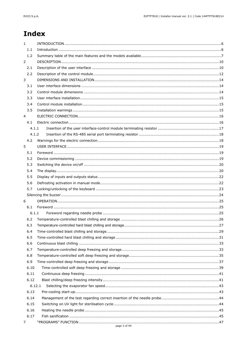 Index | EVCO EVFTFT818P7U Installer manual User Manual | Page 3 / 94