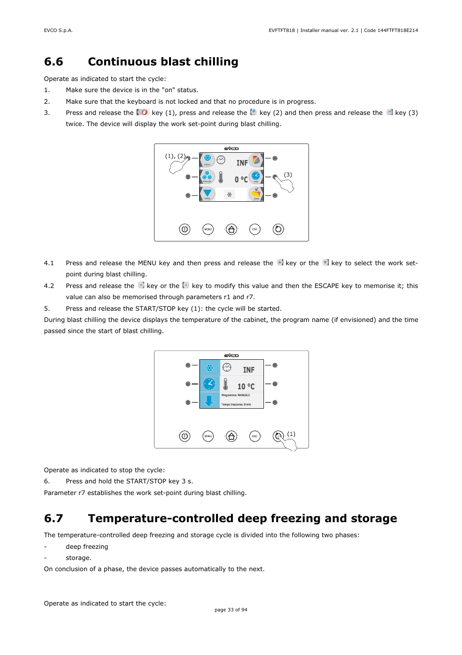 6 continuous blast chilling, 7 temperature-controlled deep freezing and storage | EVCO EVFTFT818P7U Installer manual User Manual | Page 33 / 94