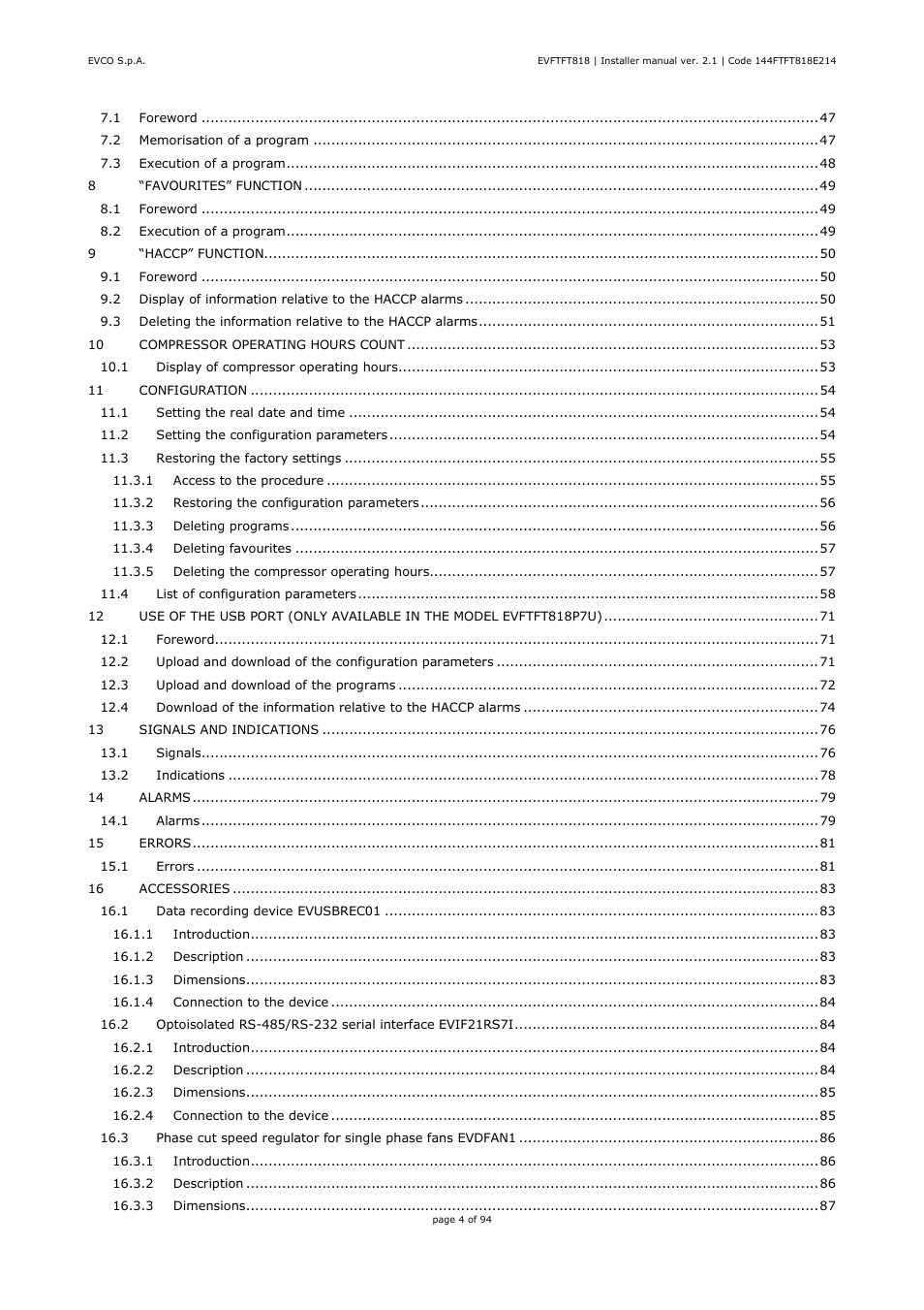 EVCO EVFTFT818P7U Installer manual User Manual | Page 4 / 94