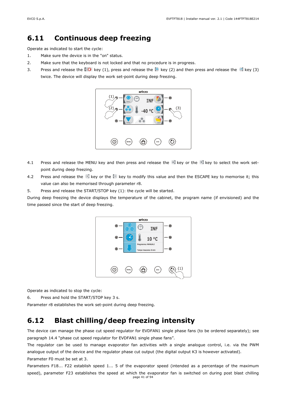11 continuous deep freezing, 12 blast chilling/deep freezing intensity | EVCO EVFTFT818P7U Installer manual User Manual | Page 41 / 94