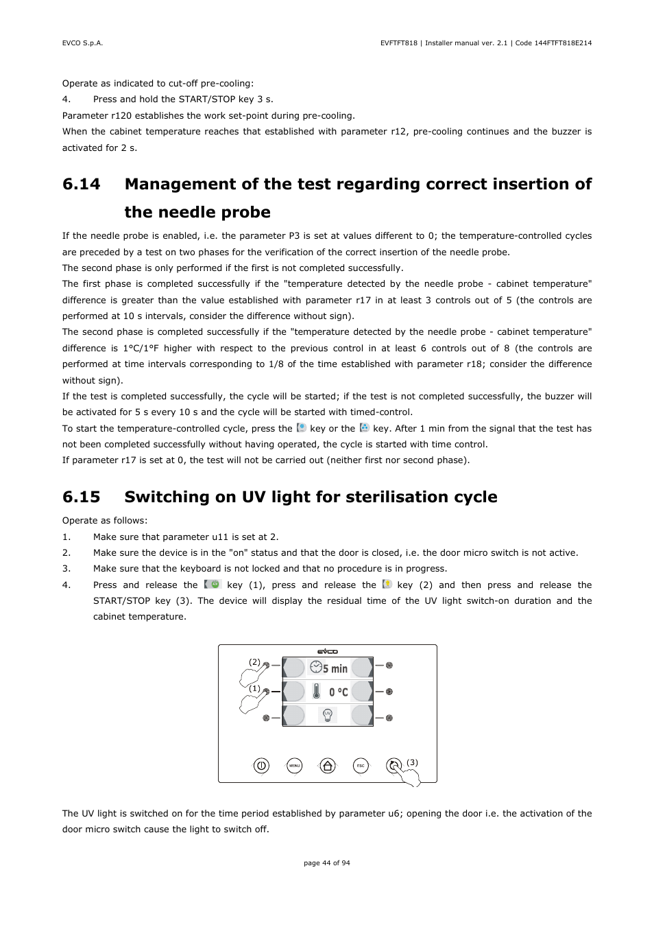 15 switching on uv light for sterilisation cycle | EVCO EVFTFT818P7U Installer manual User Manual | Page 44 / 94