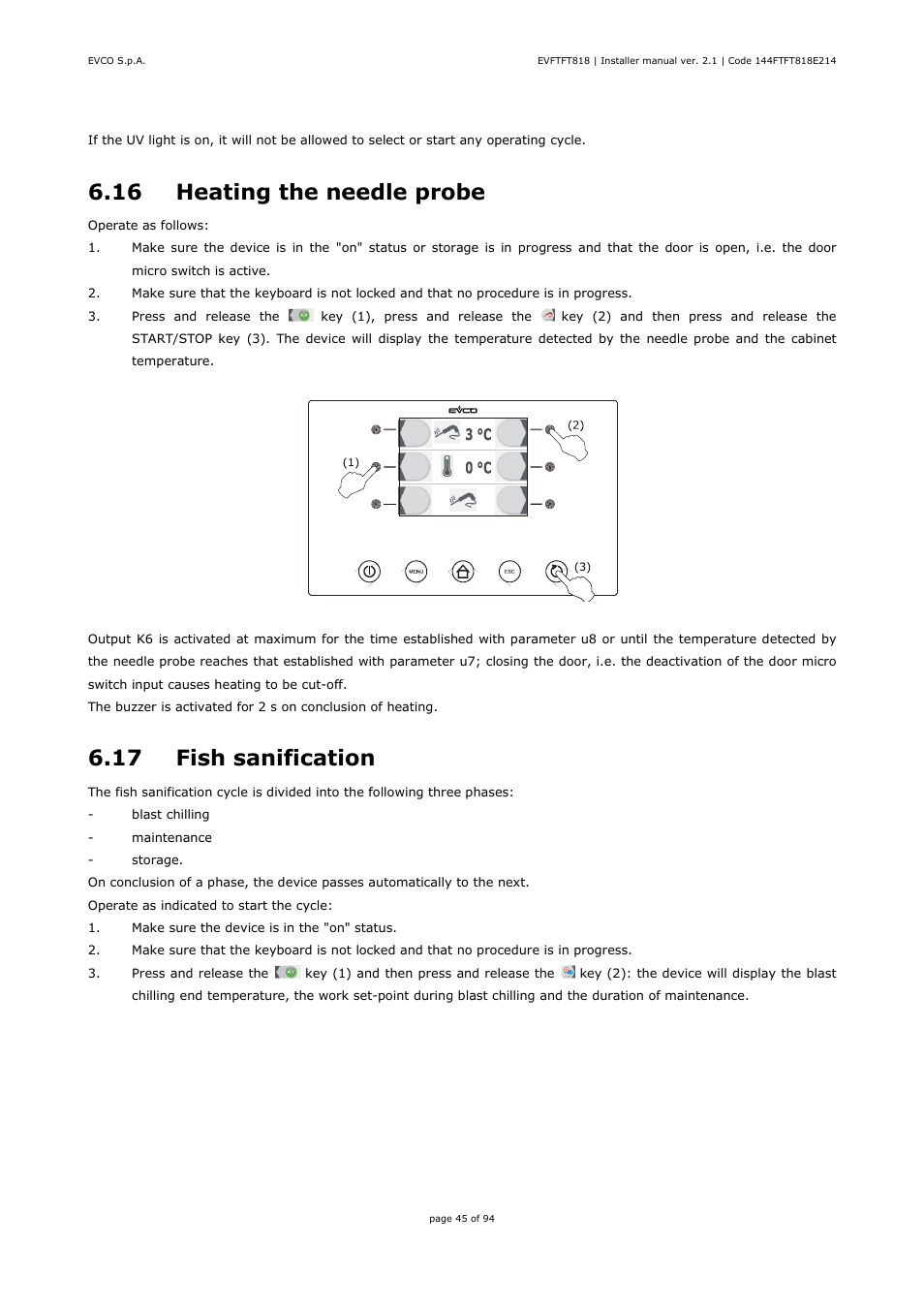 16 heating the needle probe, 17 fish sanification | EVCO EVFTFT818P7U Installer manual User Manual | Page 45 / 94
