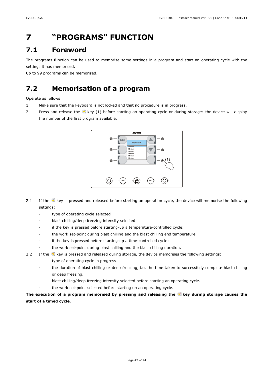 7“programs” function, 1 foreword | EVCO EVFTFT818P7U Installer manual User Manual | Page 47 / 94