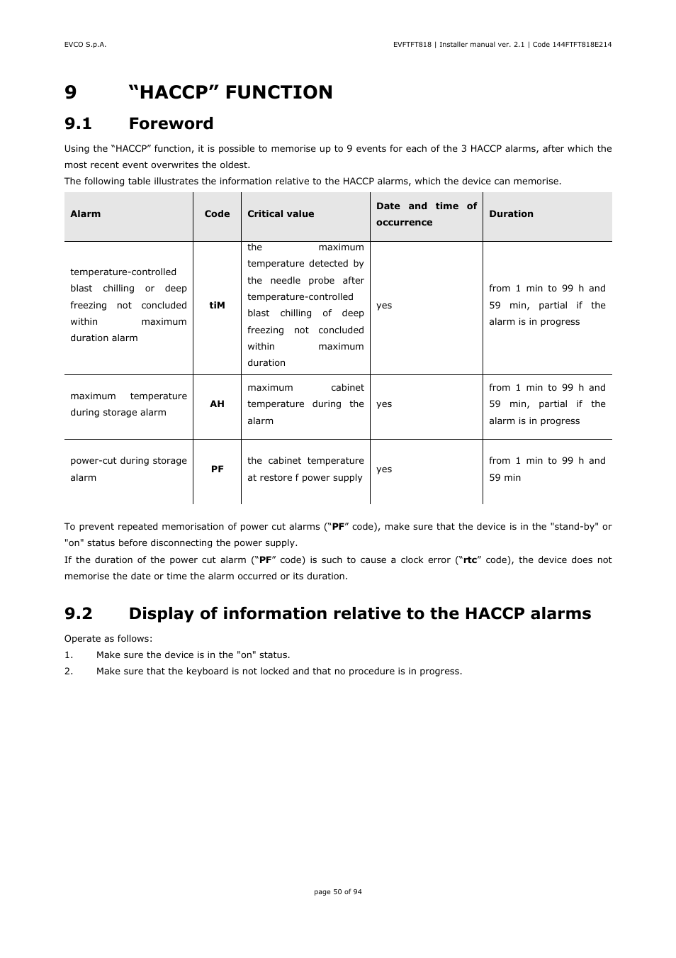 9“haccp” function, 1 foreword | EVCO EVFTFT818P7U Installer manual User Manual | Page 50 / 94