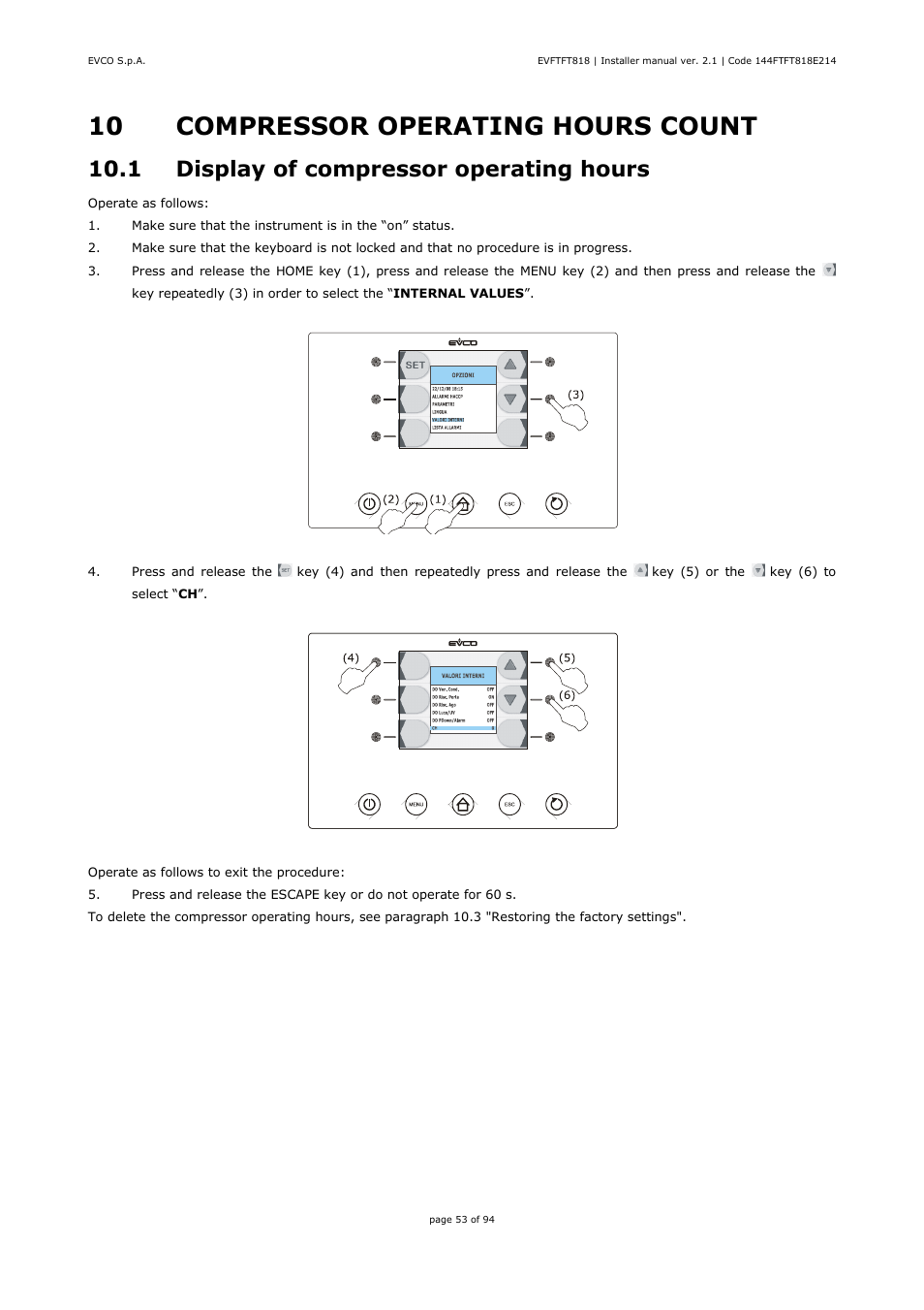 10 compressor operating hours count, 1 display of compressor operating hours | EVCO EVFTFT818P7U Installer manual User Manual | Page 53 / 94