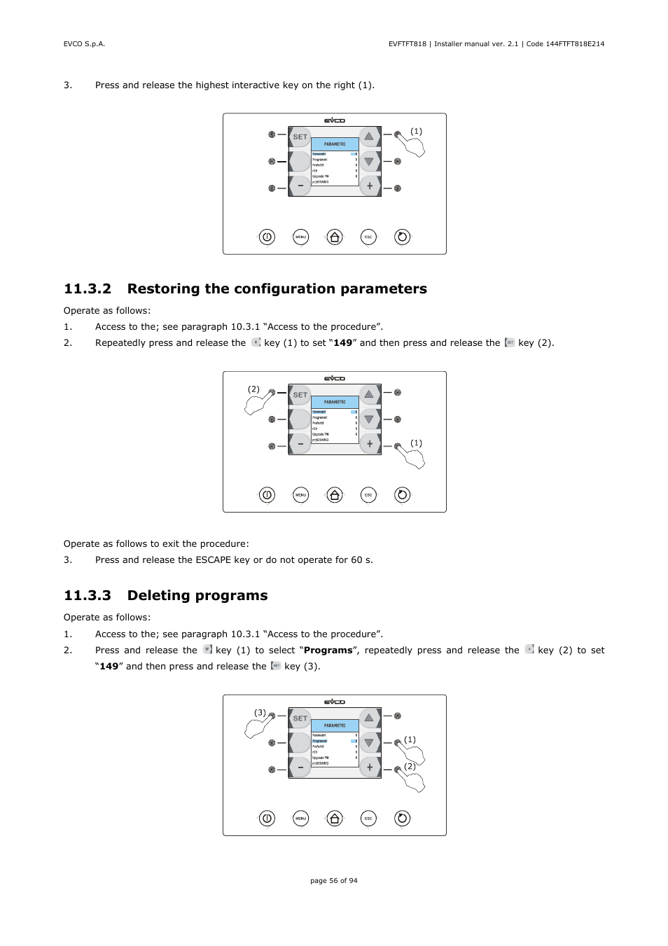 2 restoring the configuration parameters, 3 deleting programs | EVCO EVFTFT818P7U Installer manual User Manual | Page 56 / 94