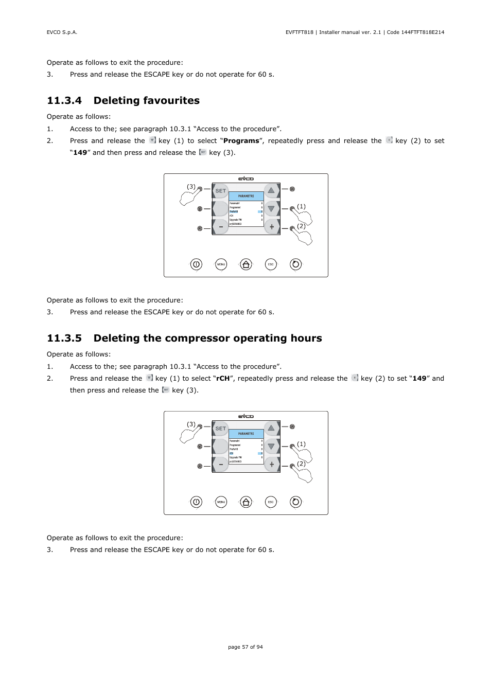 4 deleting favourites, 5 deleting the compressor operating hours | EVCO EVFTFT818P7U Installer manual User Manual | Page 57 / 94