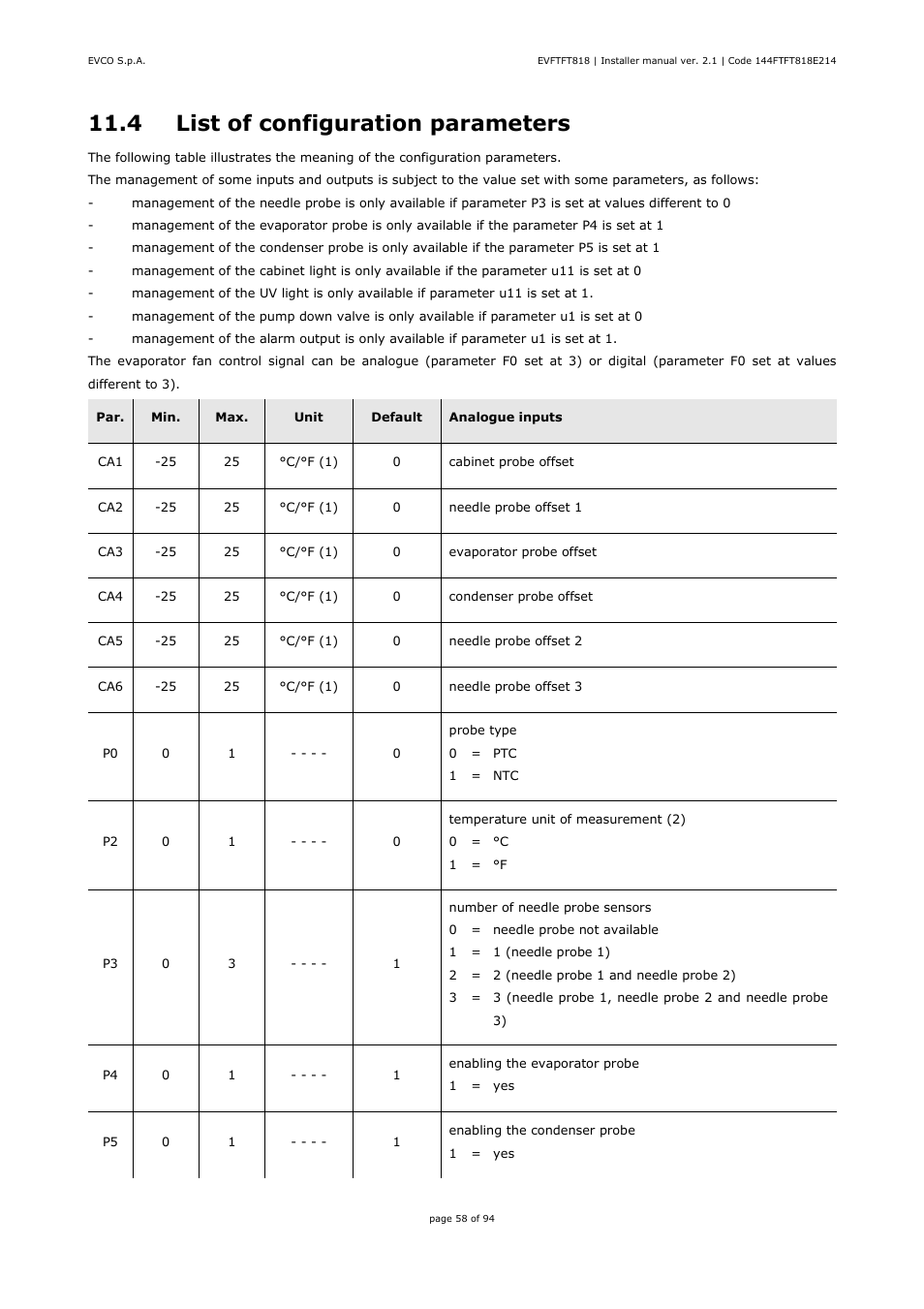 4 list of configuration parameters | EVCO EVFTFT818P7U Installer manual User Manual | Page 58 / 94