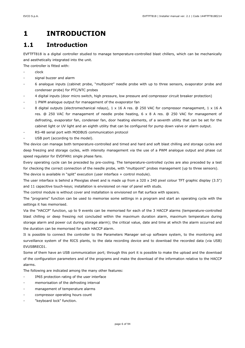 1introduction, 1 introduction | EVCO EVFTFT818P7U Installer manual User Manual | Page 6 / 94