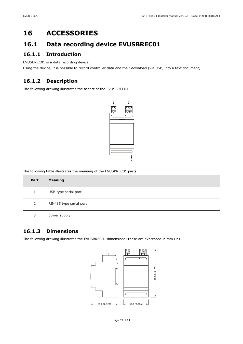 16 accessories, 1 data recording device evusbrec01, 1 introduction | 2 description, 3 dimensions | EVCO EVFTFT818P7U Installer manual User Manual | Page 83 / 94