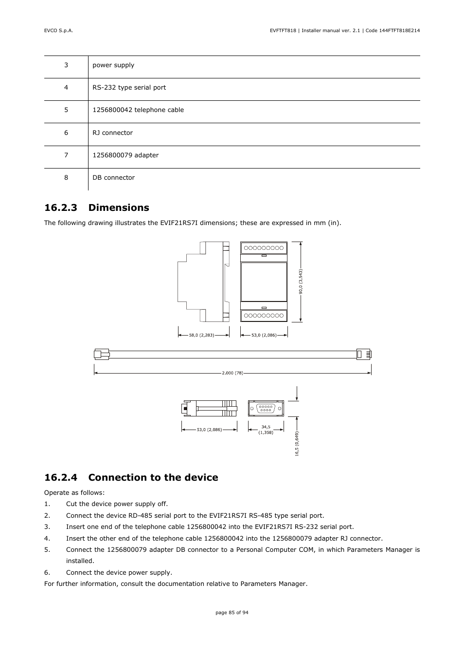 3 dimensions, 4 connection to the device | EVCO EVFTFT818P7U Installer manual User Manual | Page 85 / 94