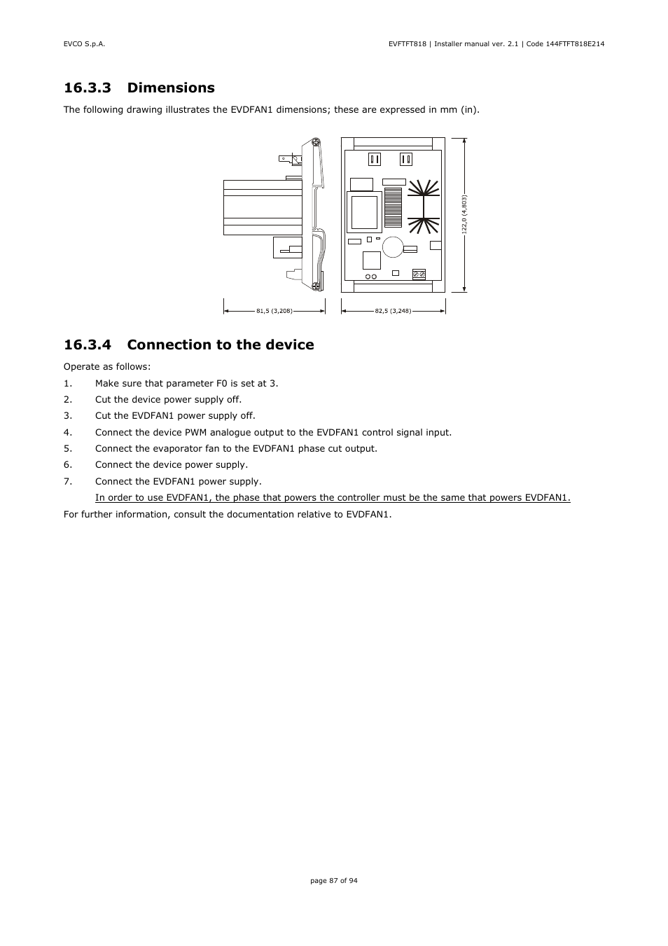3 dimensions, 4 connection to the device | EVCO EVFTFT818P7U Installer manual User Manual | Page 87 / 94