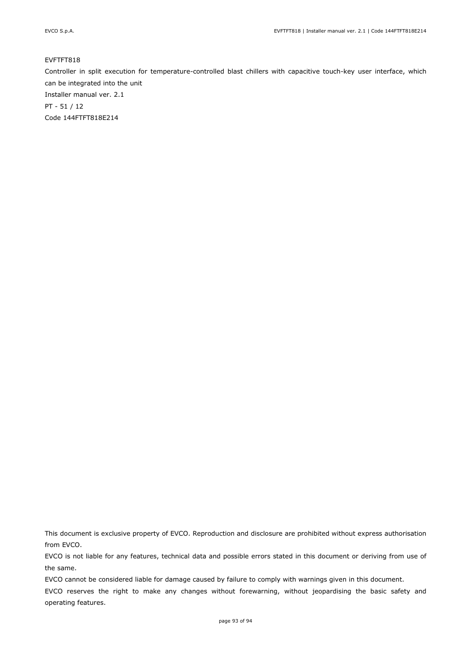 EVCO EVFTFT818P7U Installer manual User Manual | Page 93 / 94