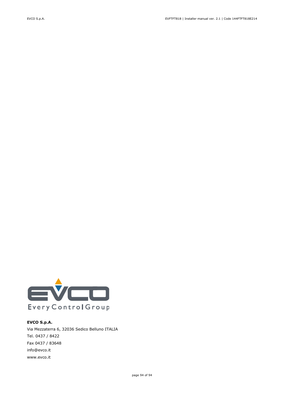 EVCO EVFTFT818P7U Installer manual User Manual | Page 94 / 94