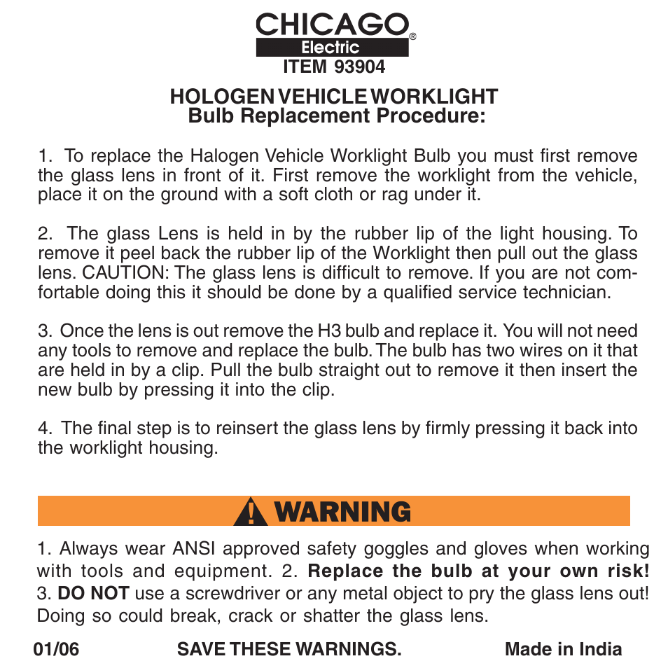 Chicago Electric 93904 User Manual | 2 pages