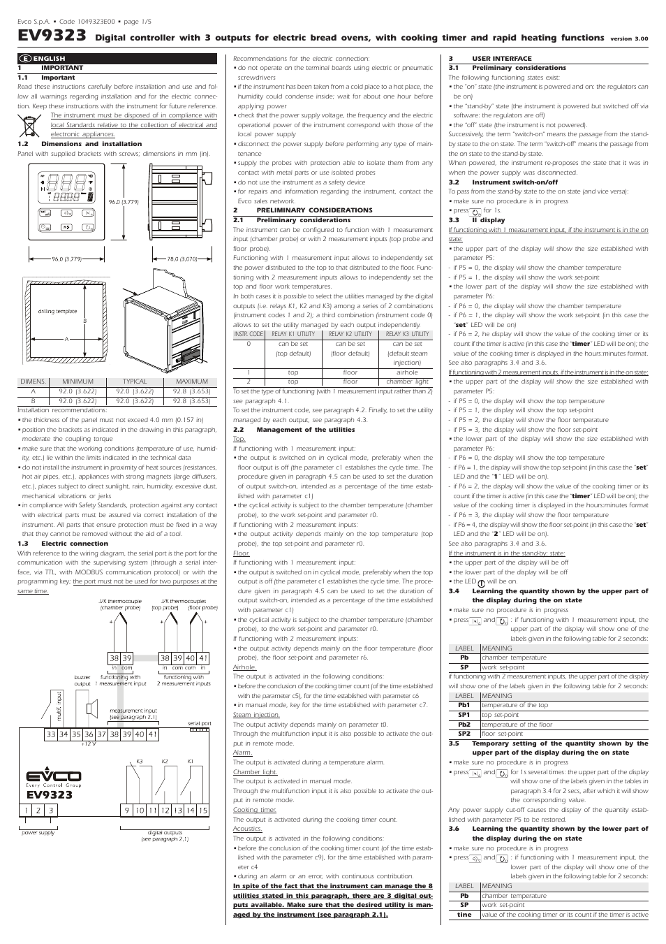 EVCO EV9323J9 User Manual | 5 pages