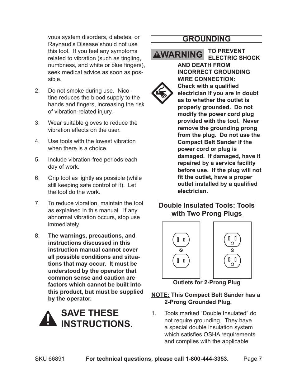 Save these instructions, Grounding | Chicago Electric 66891 User Manual | Page 7 / 16