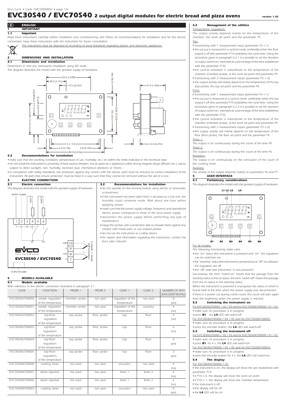 EVCO EVC70S40X7XXX03 User Manual | 6 pages