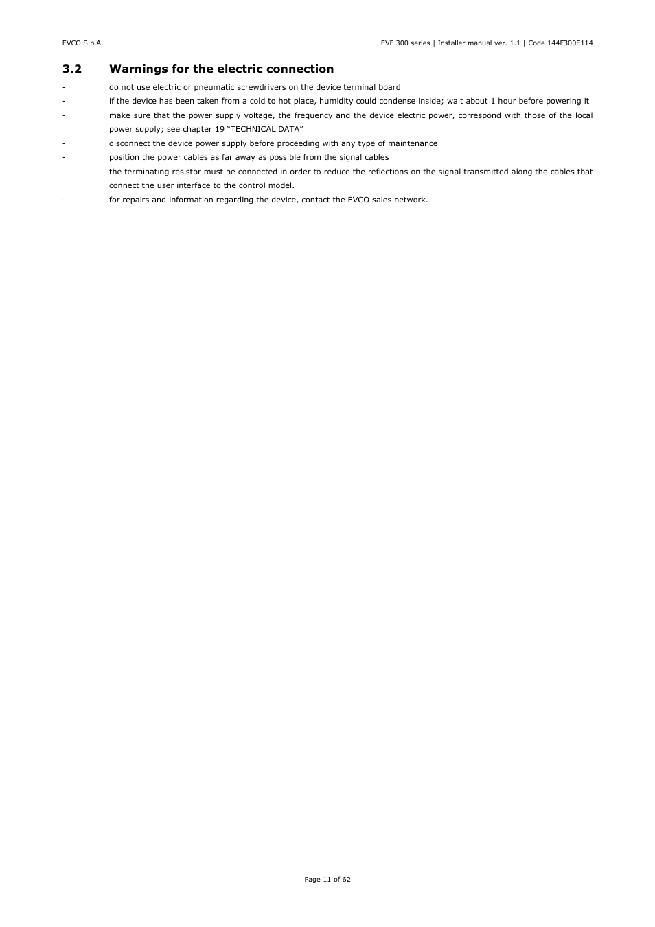 2 warnings for the electric connection | EVCO EVF328J9 User Manual | Page 11 / 62