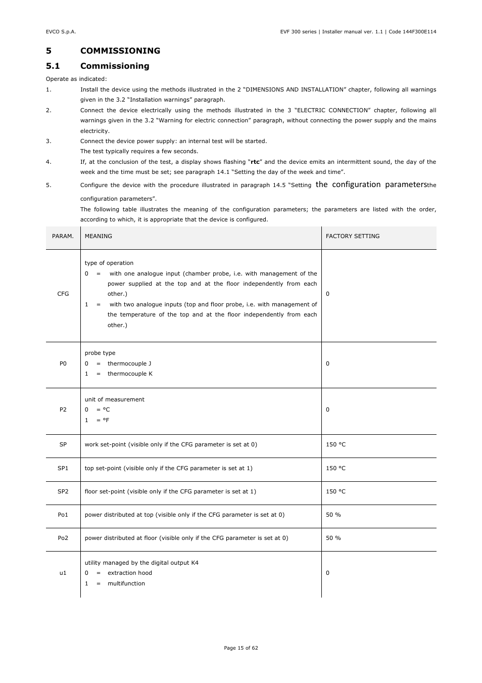 The configuration parameters, 5commissioning 5.1 commissioning | EVCO EVF328J9 User Manual | Page 15 / 62