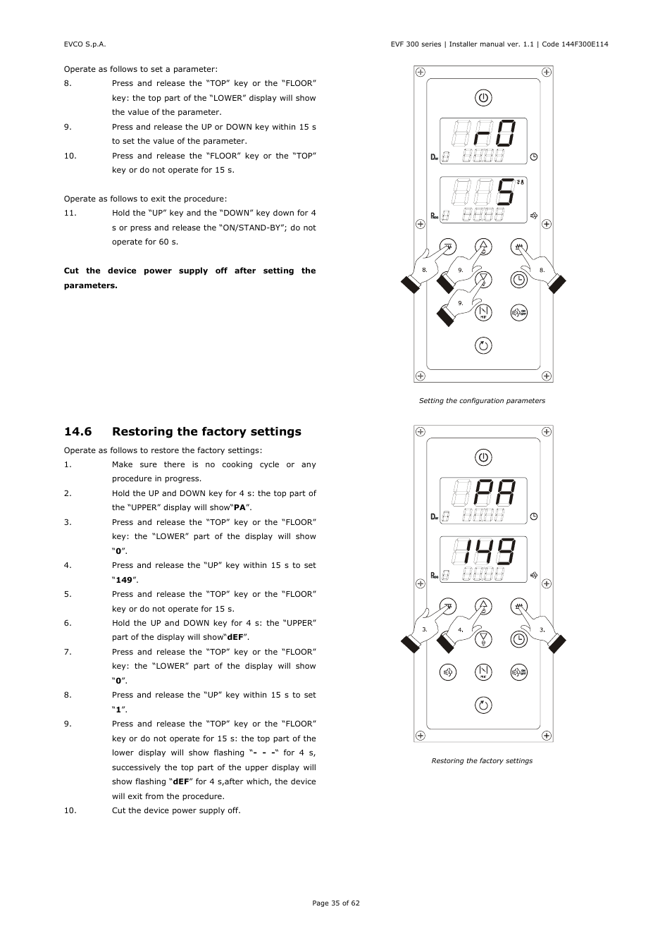 6 restoring the factory settings | EVCO EVF328J9 User Manual | Page 35 / 62