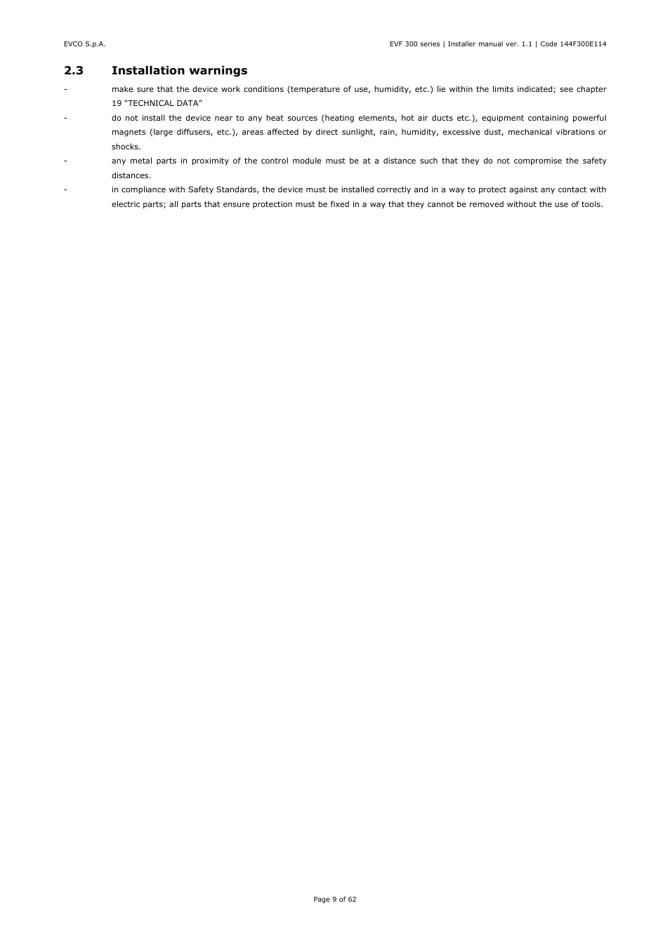 3 installation warnings | EVCO EVF328J9 User Manual | Page 9 / 62