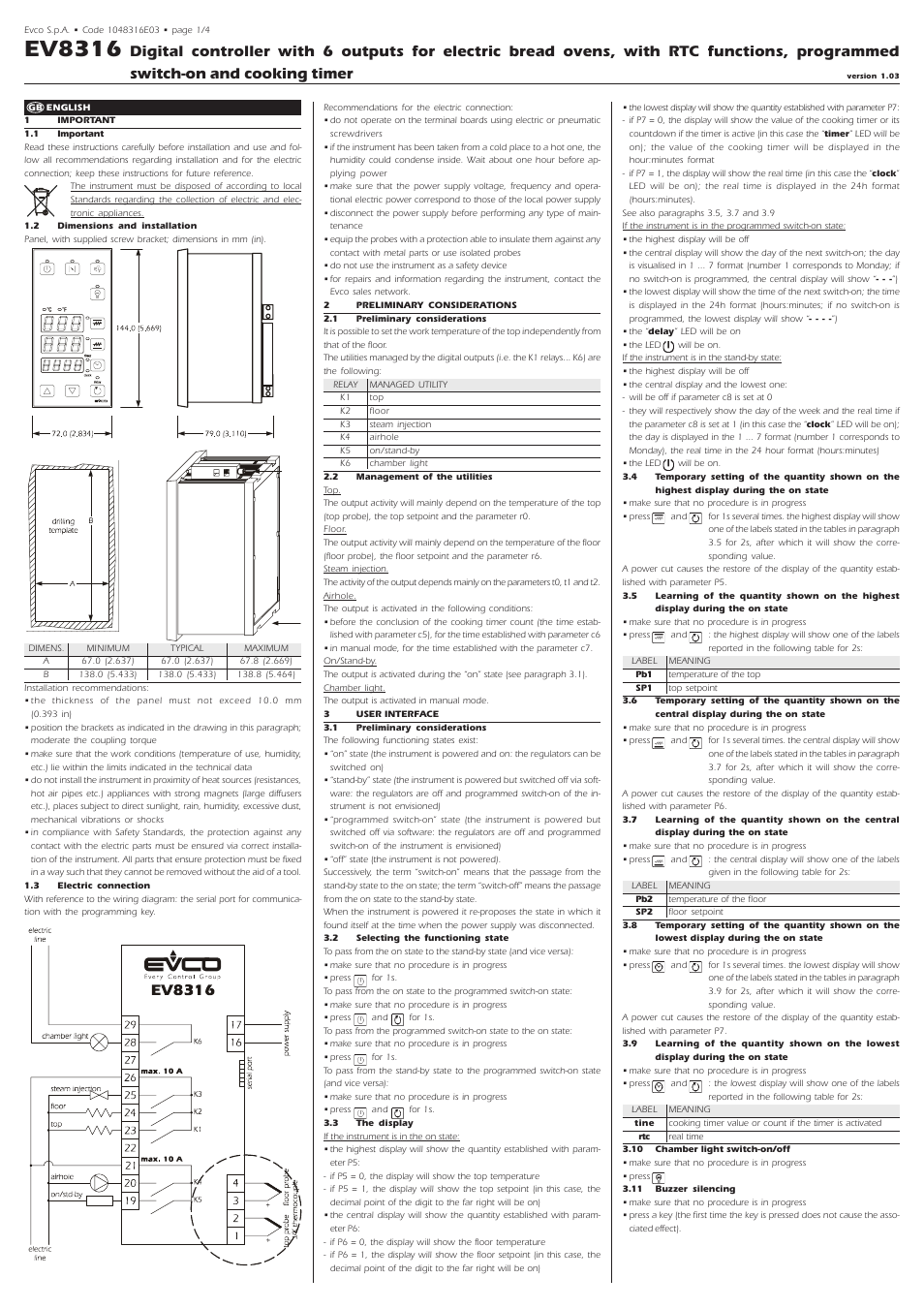 EVCO EV8316J9 User Manual | 4 pages
