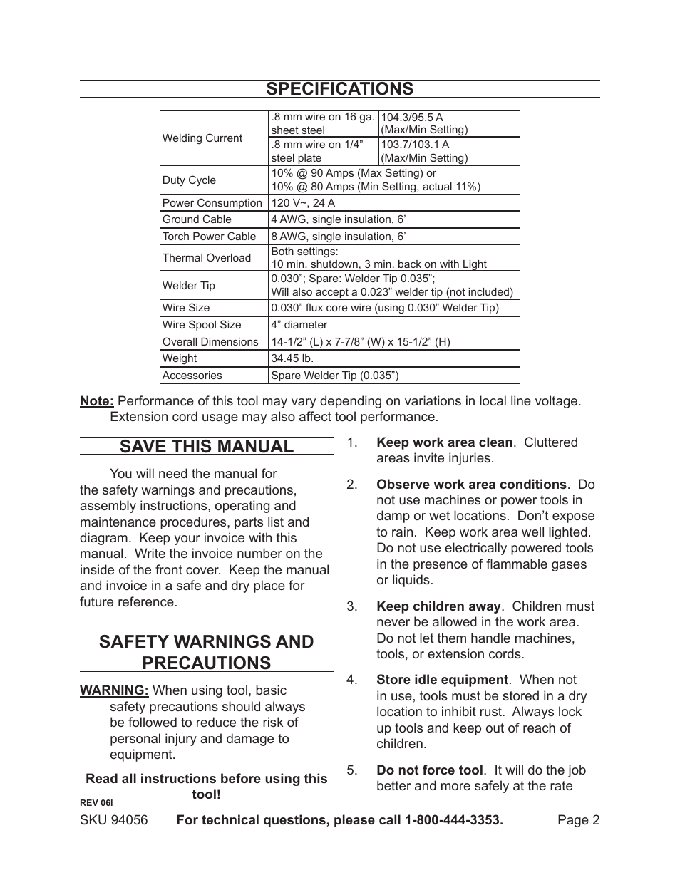 Save this manual, Safety warnings and precautions, Specifications | Chicago Electric MIG-100 94056 User Manual | Page 2 / 14