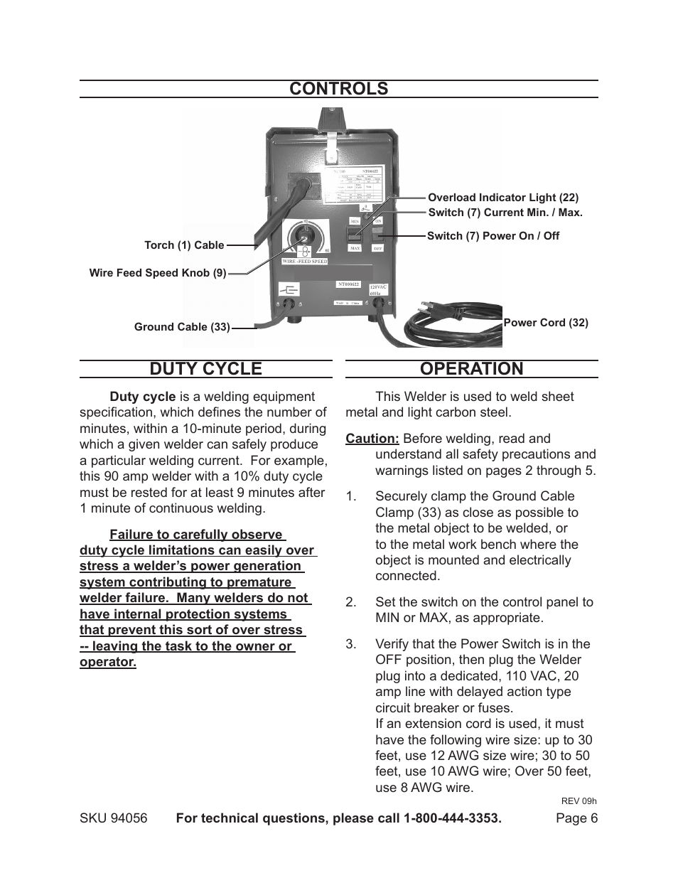 Duty cycle, Operation, Controls | Chicago Electric MIG-100 94056 User Manual | Page 6 / 14