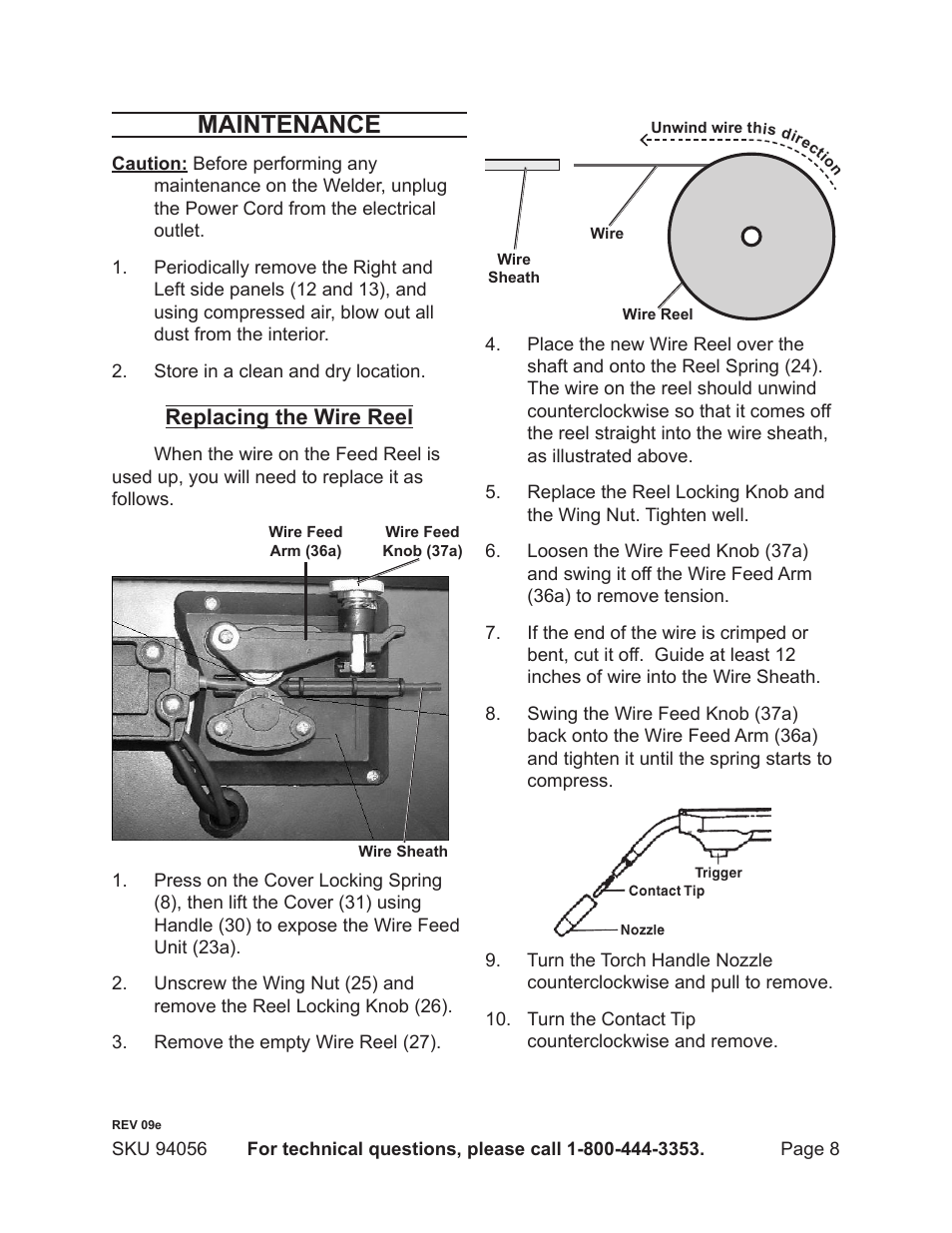 Maintenance, Replacing the wire reel | Chicago Electric MIG-100 94056 User Manual | Page 8 / 14