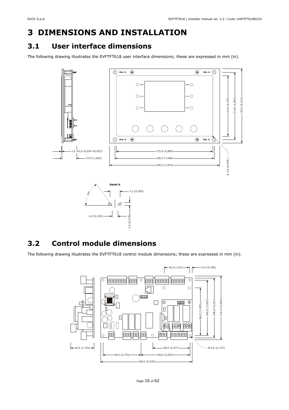 3 dimensions and installation, 1 user interface dimensions, 2 control module dimensions | EVCO EVFTFT618N7U User Manual | Page 10 / 62