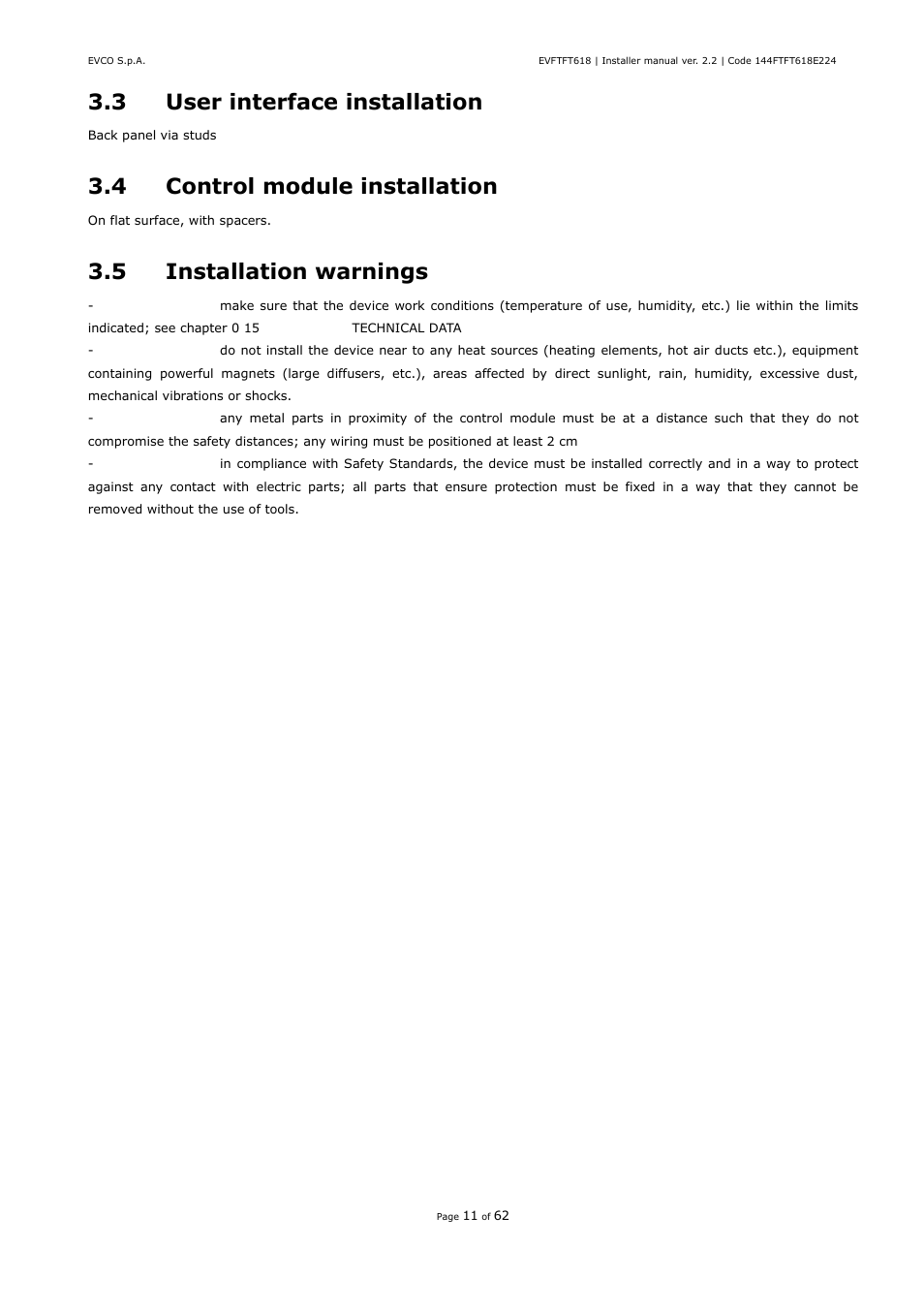 3 user interface installation, 4 control module installation, 5 installation warnings | EVCO EVFTFT618N7U User Manual | Page 11 / 62