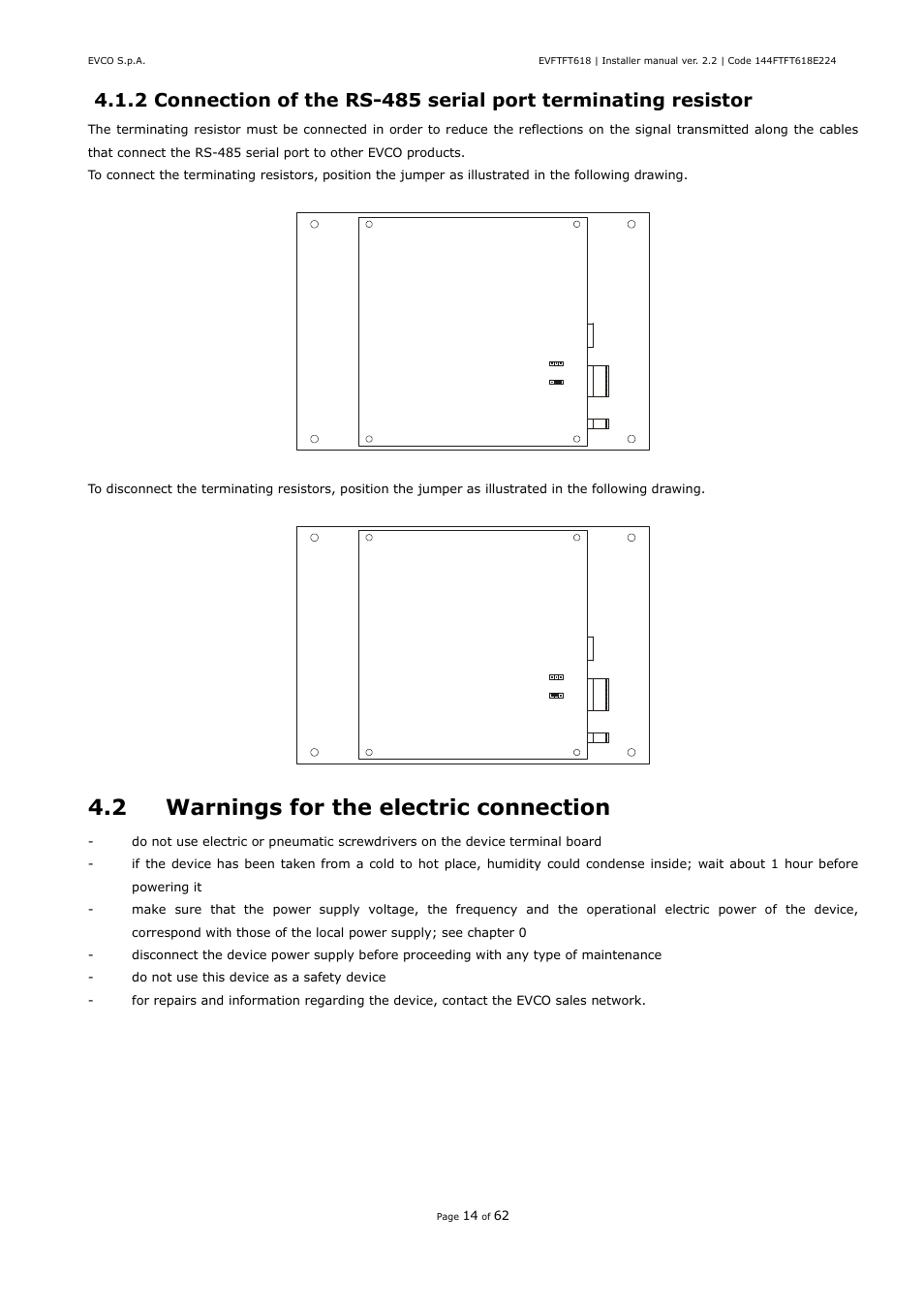 2 warnings for the electric connection | EVCO EVFTFT618N7U User Manual | Page 14 / 62