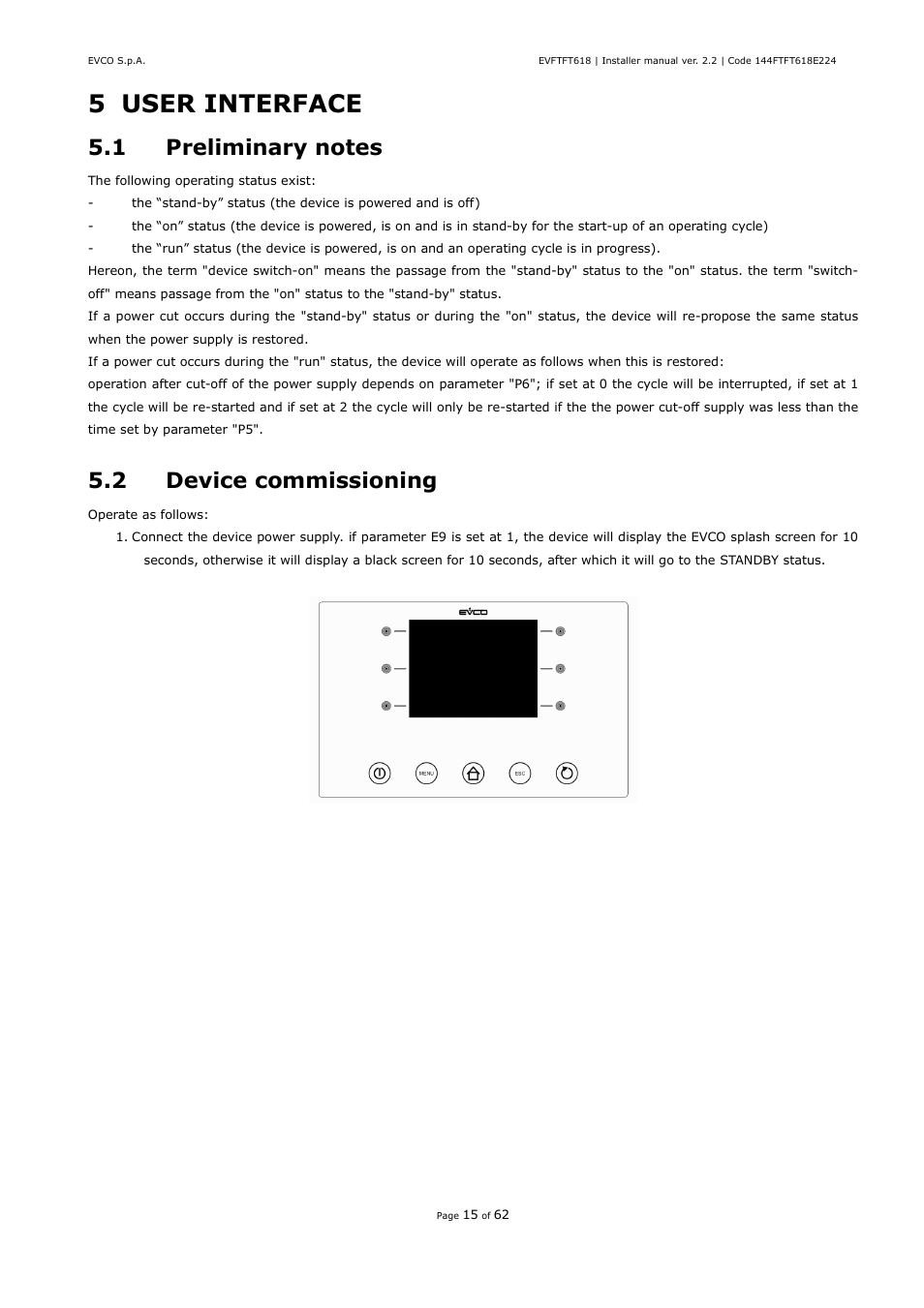 5 user interface, 2 device commissioning | EVCO EVFTFT618N7U User Manual | Page 15 / 62