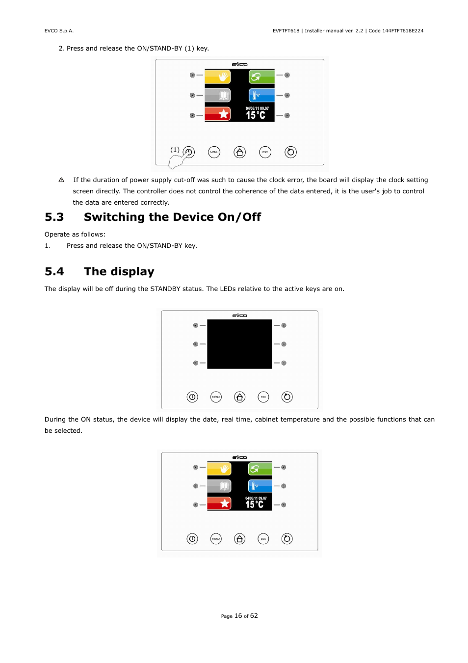 3 switching the device on/off, 4 the display | EVCO EVFTFT618N7U User Manual | Page 16 / 62