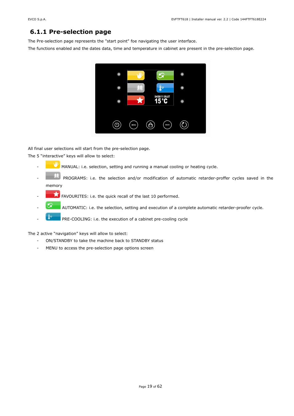 1 pre-selection page | EVCO EVFTFT618N7U User Manual | Page 19 / 62