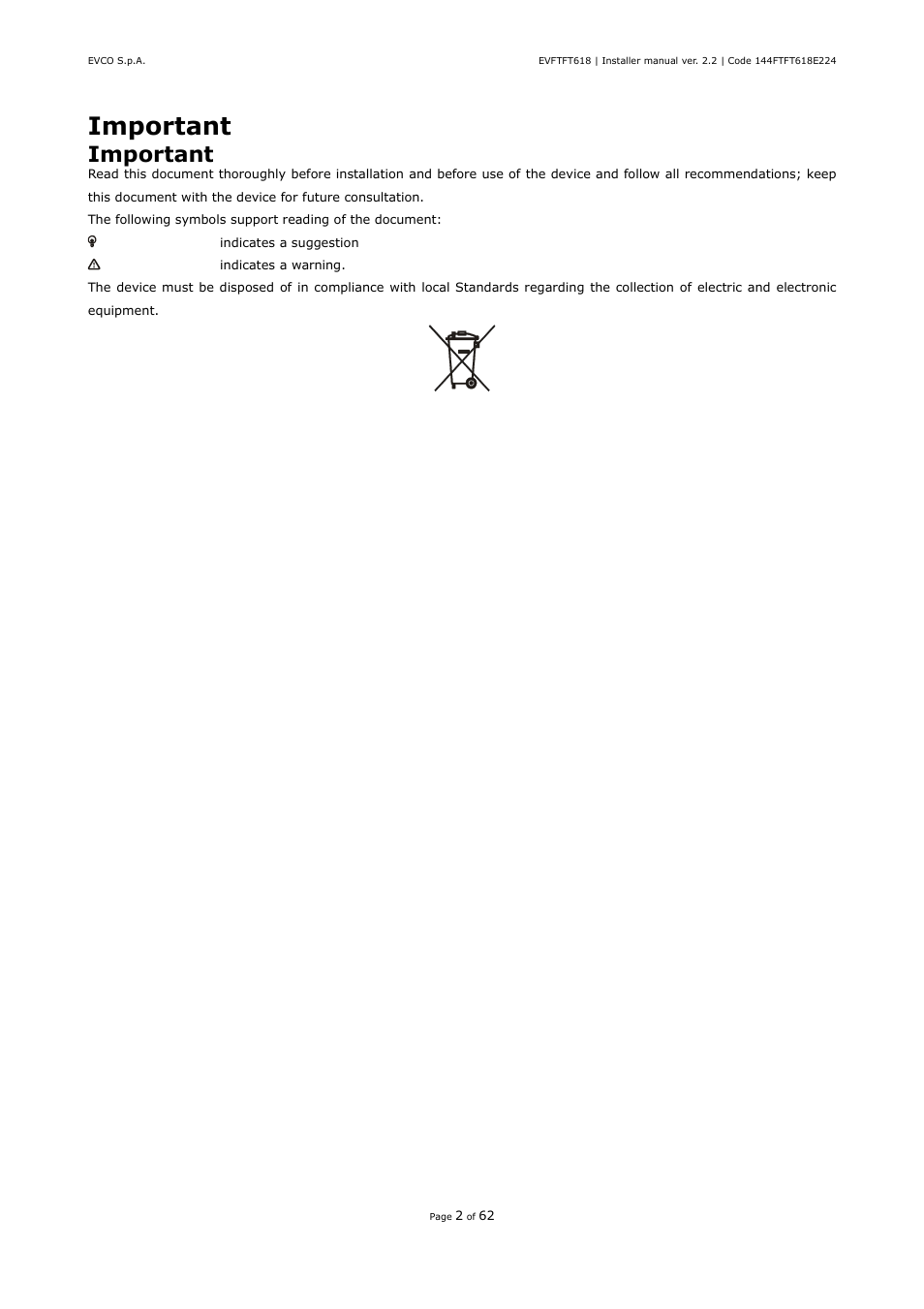 Important | EVCO EVFTFT618N7U User Manual | Page 2 / 62