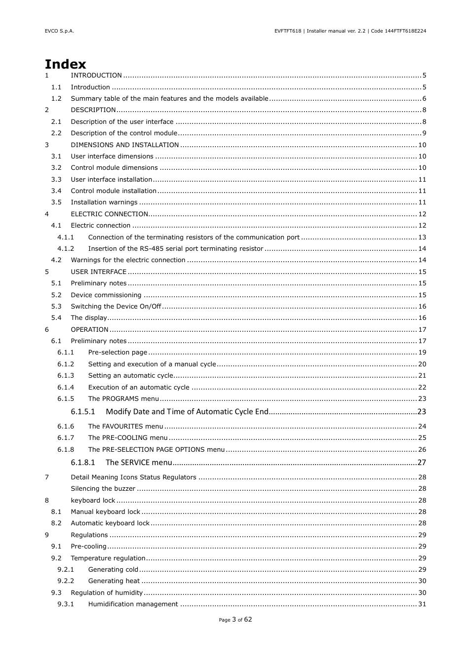 Index | EVCO EVFTFT618N7U User Manual | Page 3 / 62