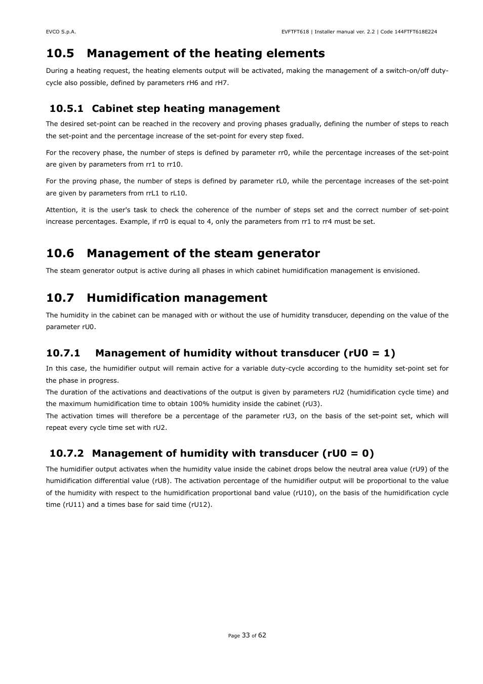 5 management of the heating elements, 6 management of the steam generator, 7 humidification management | 1 cabinet step heating management, 2 management of humidity with transducer (ru0 = 0) | EVCO EVFTFT618N7U User Manual | Page 33 / 62