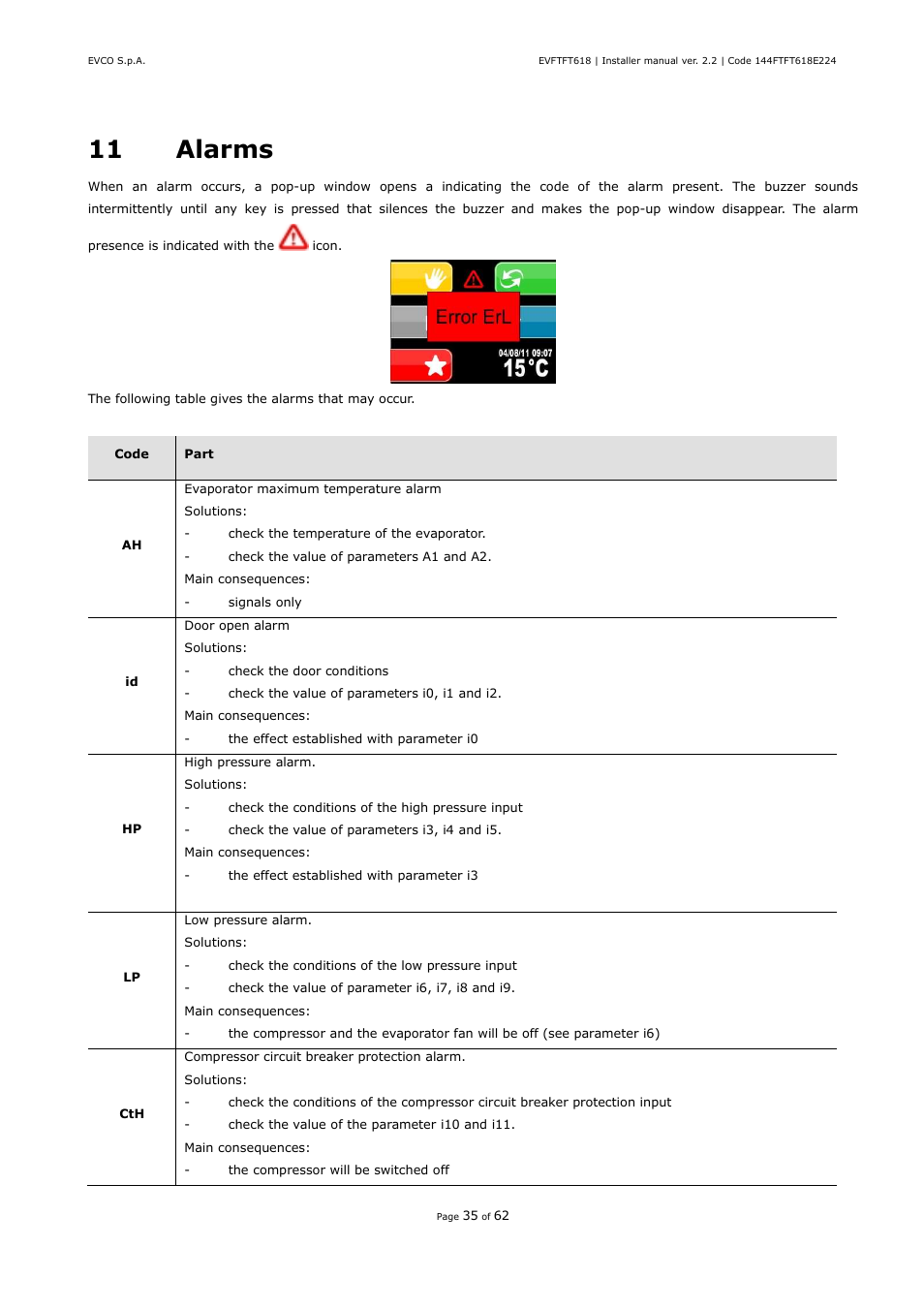 11 alarms | EVCO EVFTFT618N7U User Manual | Page 35 / 62