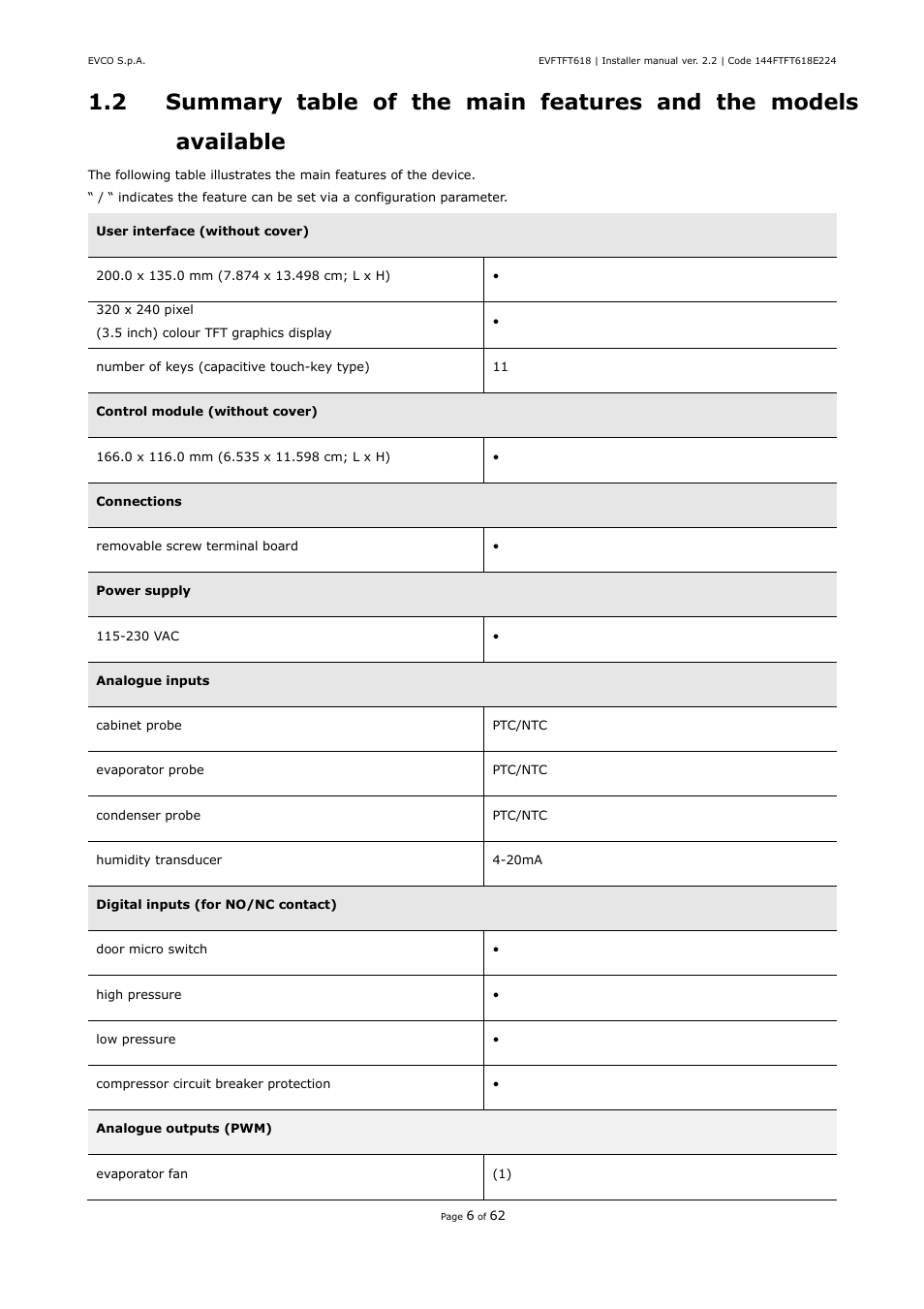 EVCO EVFTFT618N7U User Manual | Page 6 / 62