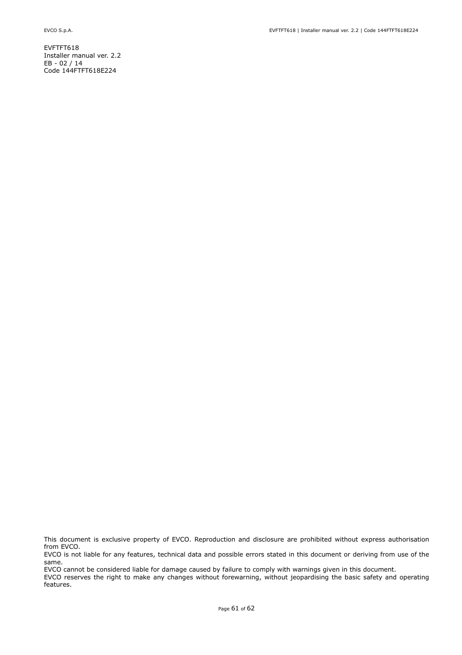 EVCO EVFTFT618N7U User Manual | Page 61 / 62