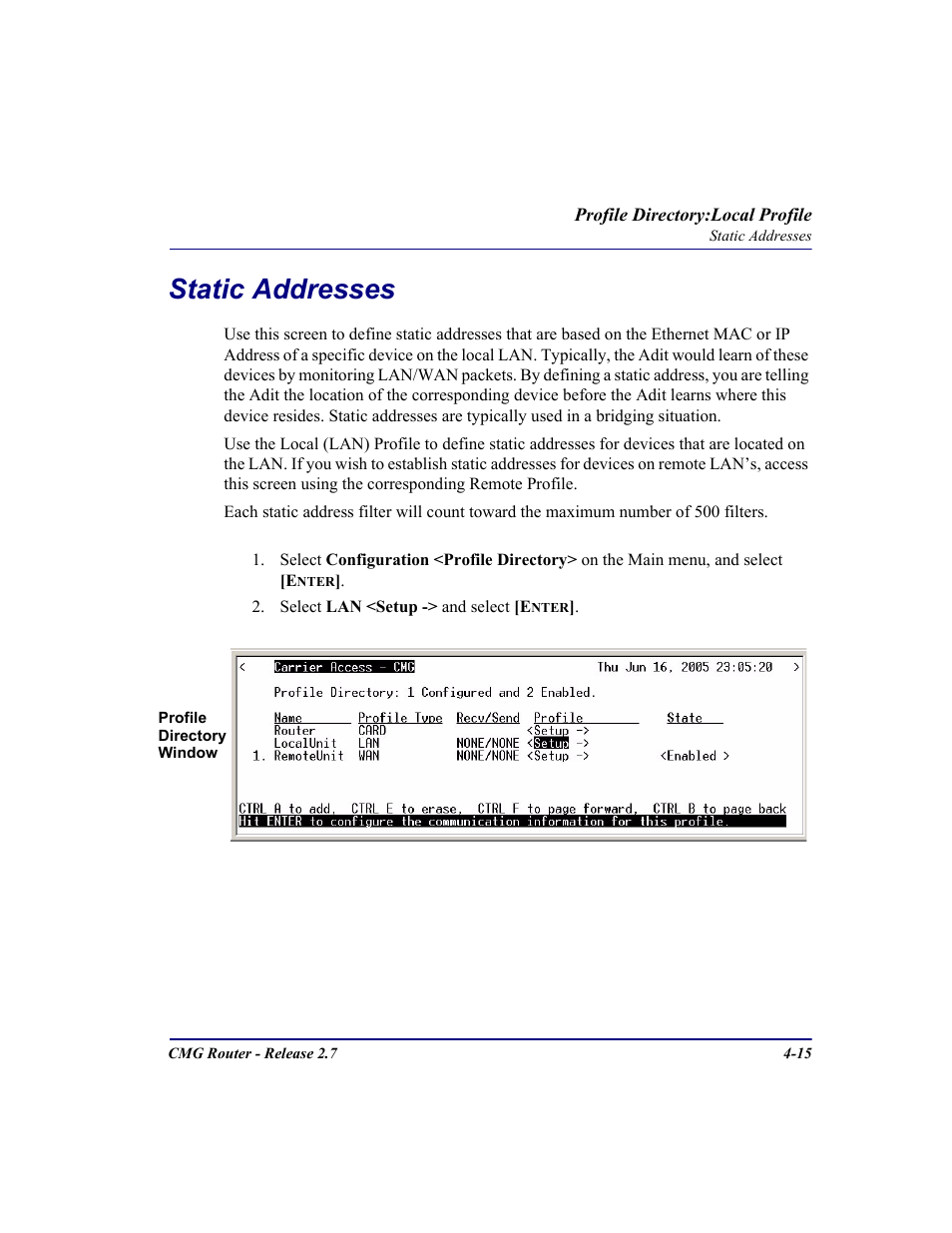 Static addresses, Static addresses -15 | Carrier Access CMG Router User Manual | Page 101 / 296