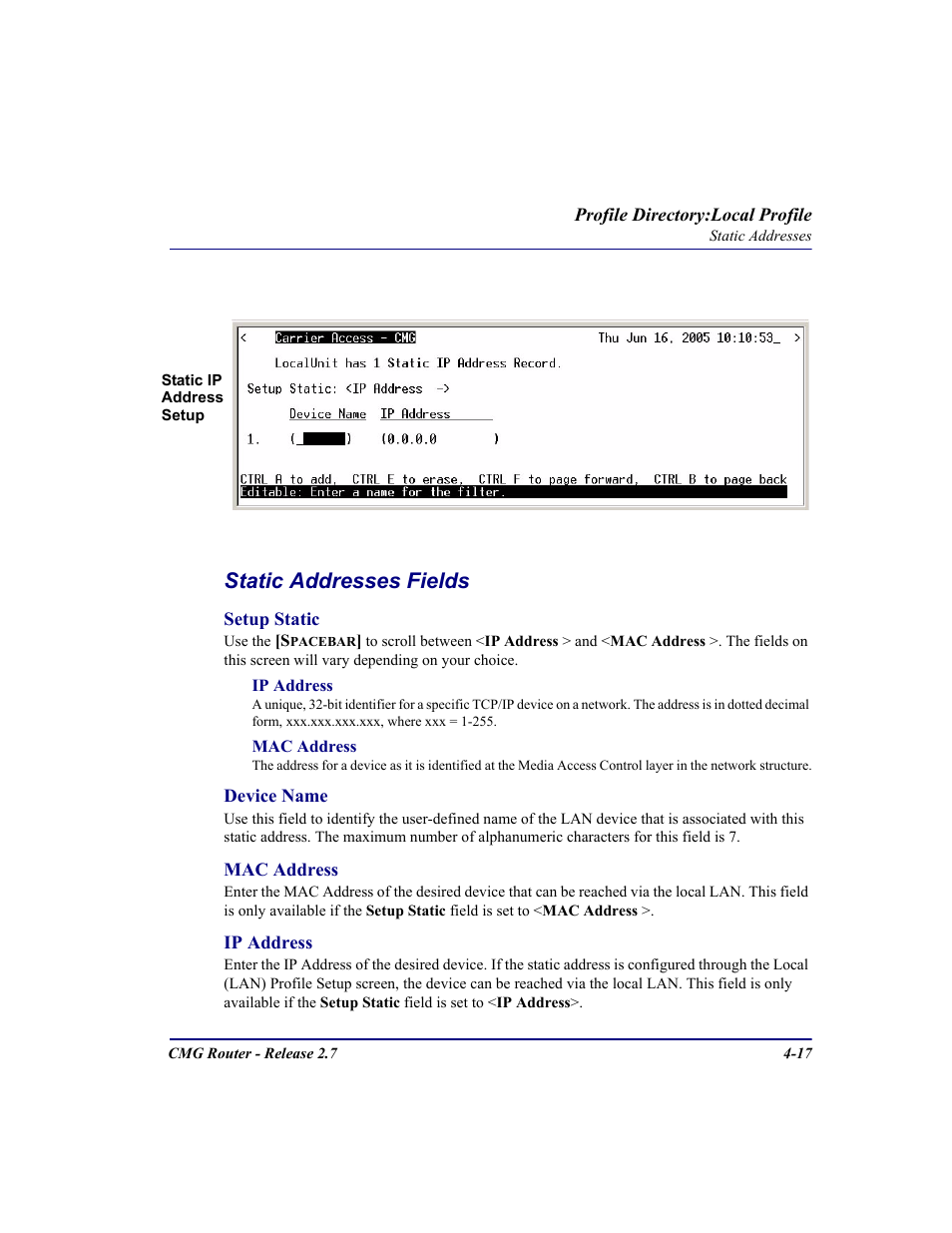 Static addresses fields | Carrier Access CMG Router User Manual | Page 103 / 296