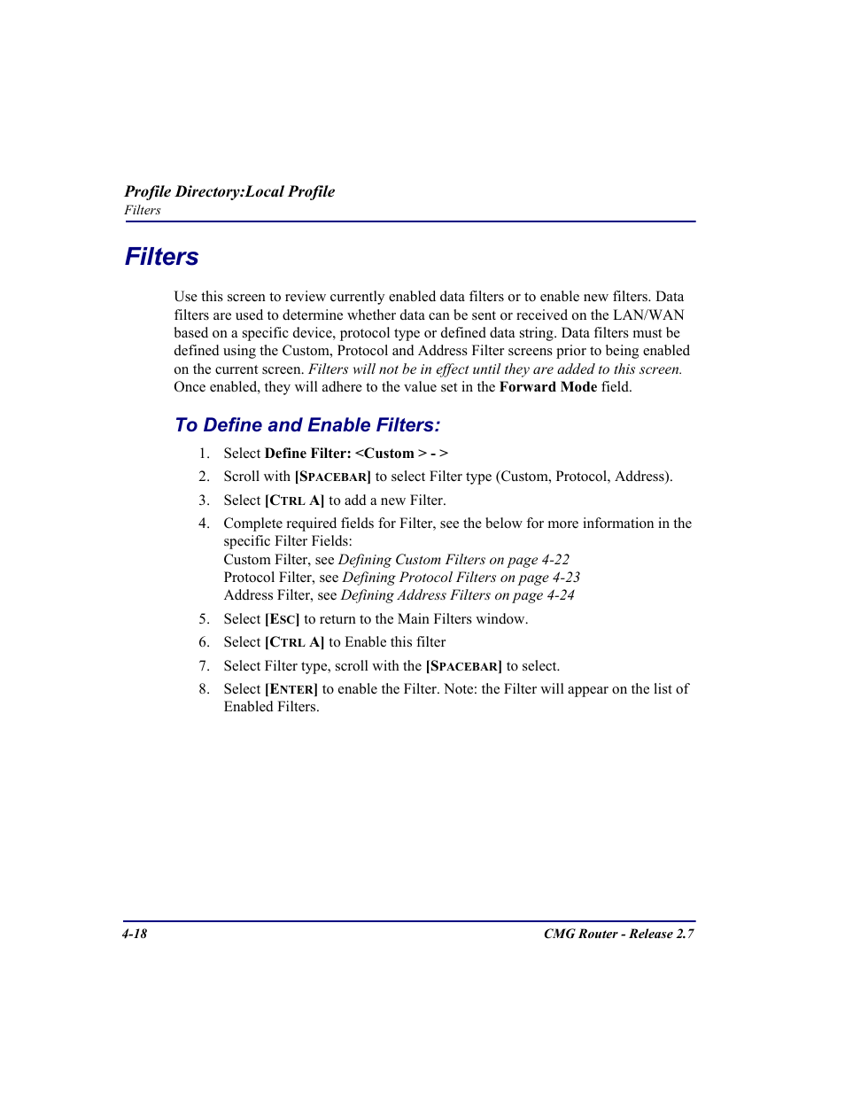 Filters, To define and enable filters, Filters -18 | To define and enable filters: -18 | Carrier Access CMG Router User Manual | Page 104 / 296