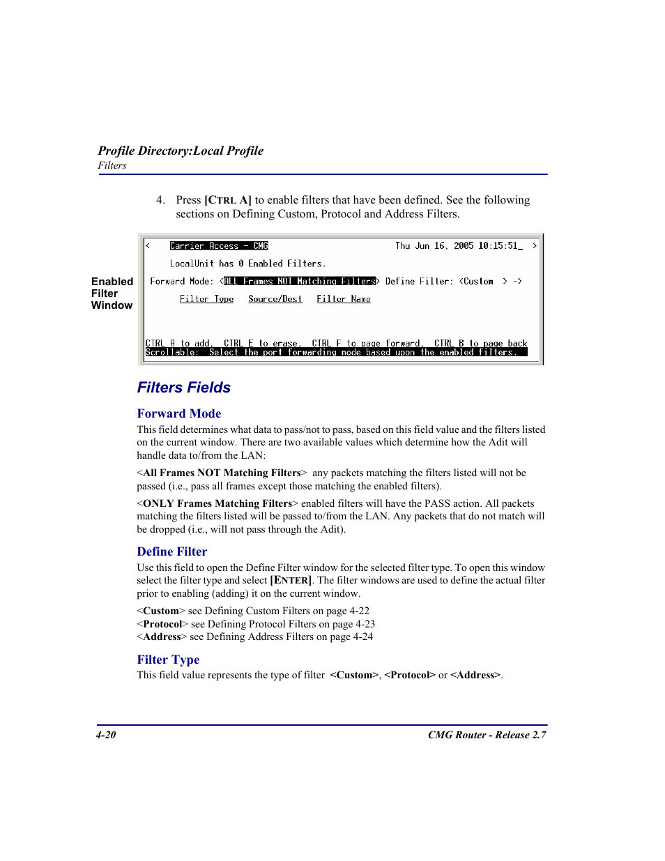 Filters fields | Carrier Access CMG Router User Manual | Page 106 / 296