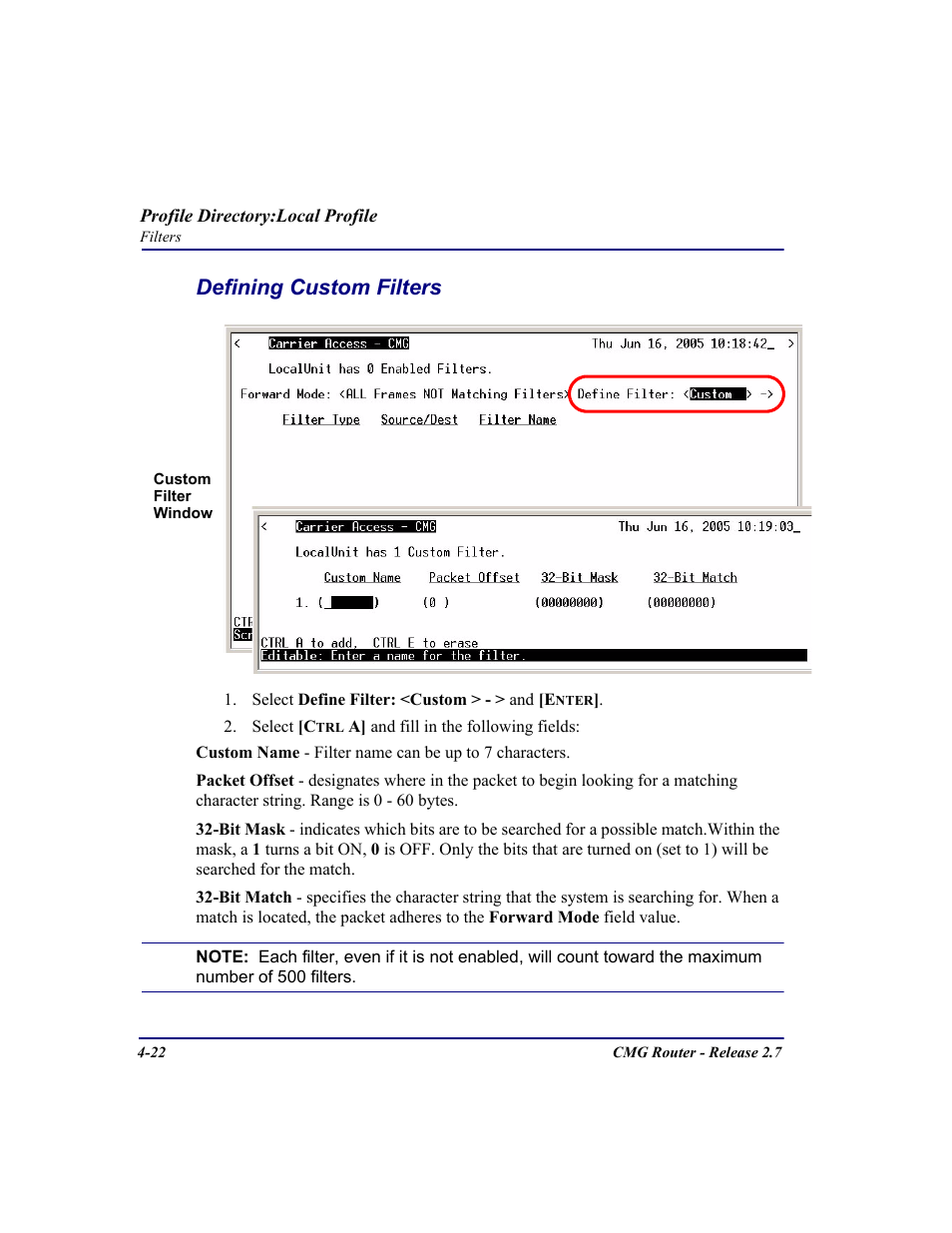 Defining custom filters, Defining custom filters -22 | Carrier Access CMG Router User Manual | Page 108 / 296