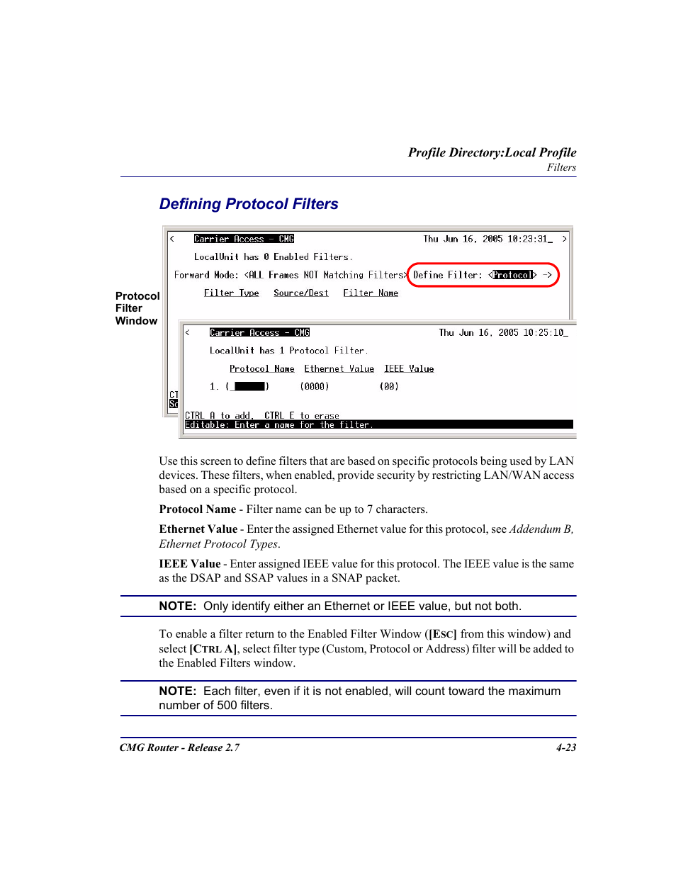 Defining protocol filters, Defining protocol filters -23 | Carrier Access CMG Router User Manual | Page 109 / 296